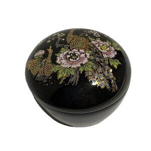 Vintage Asahi Japan Porcelain Trinket Box Peacock Floral Design Black Porcelain